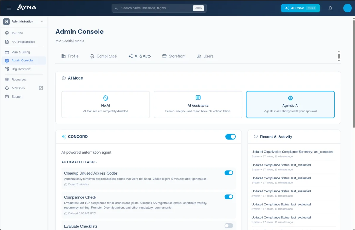 Admin console with AI mode controls