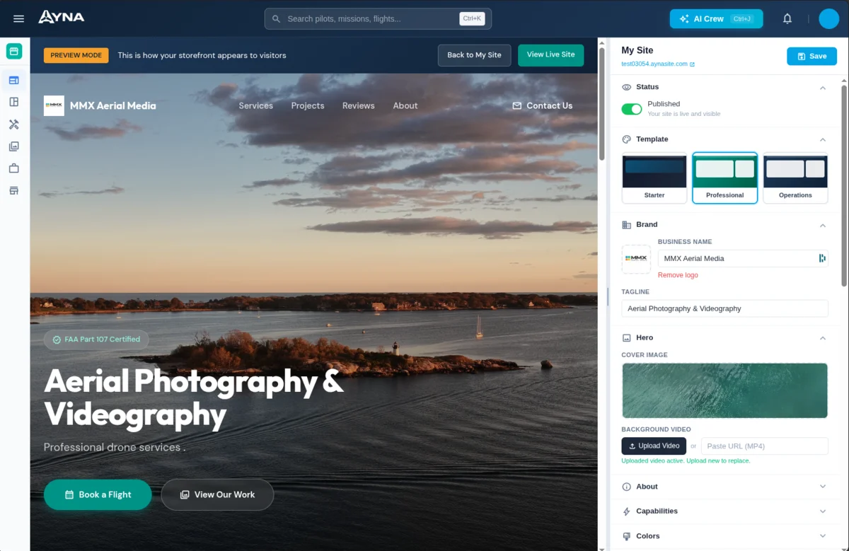 Split-screen site builder with live preview